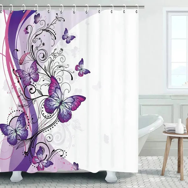 Butterfly Shower Curtain with Hooks-Purple-Linas