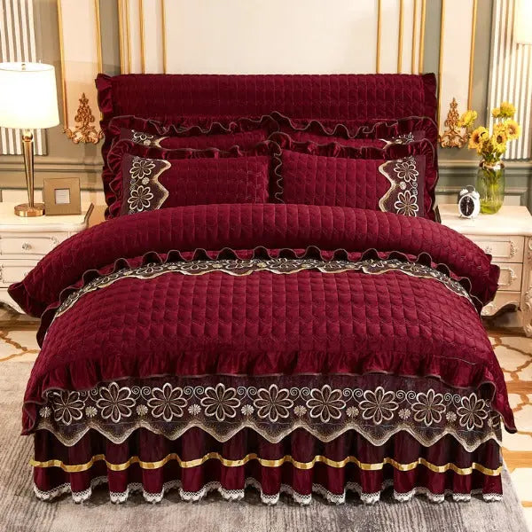 Four Piece European Luxury Comforter set Thick Velvet-Wine Red-Linas