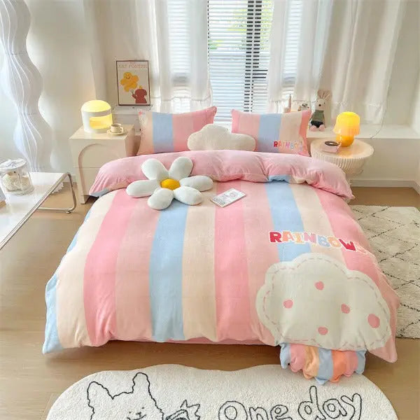 Four Piece Cute Velours Children's Duvet Cover Cartoons-Rainbow rain-Linas